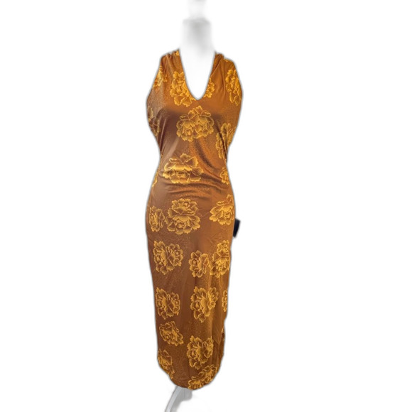 Lulus Luminous Darling Dark Gold Satin Floral Halter Midi Dress Medium NWT - Picture 1 of 5